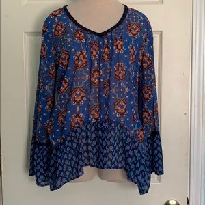Blue boho top with bell sleeves
